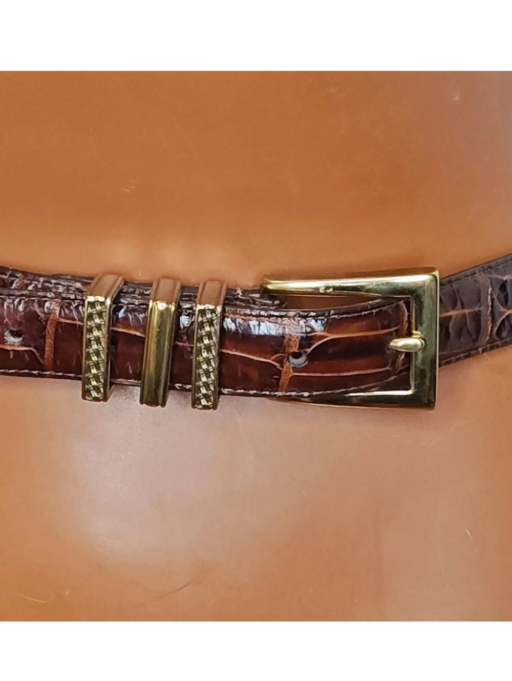 Vtg 90s Brighton USA 40068 Brown Gator Leather Belt Brass Sz 32/M/L Fits 28-32